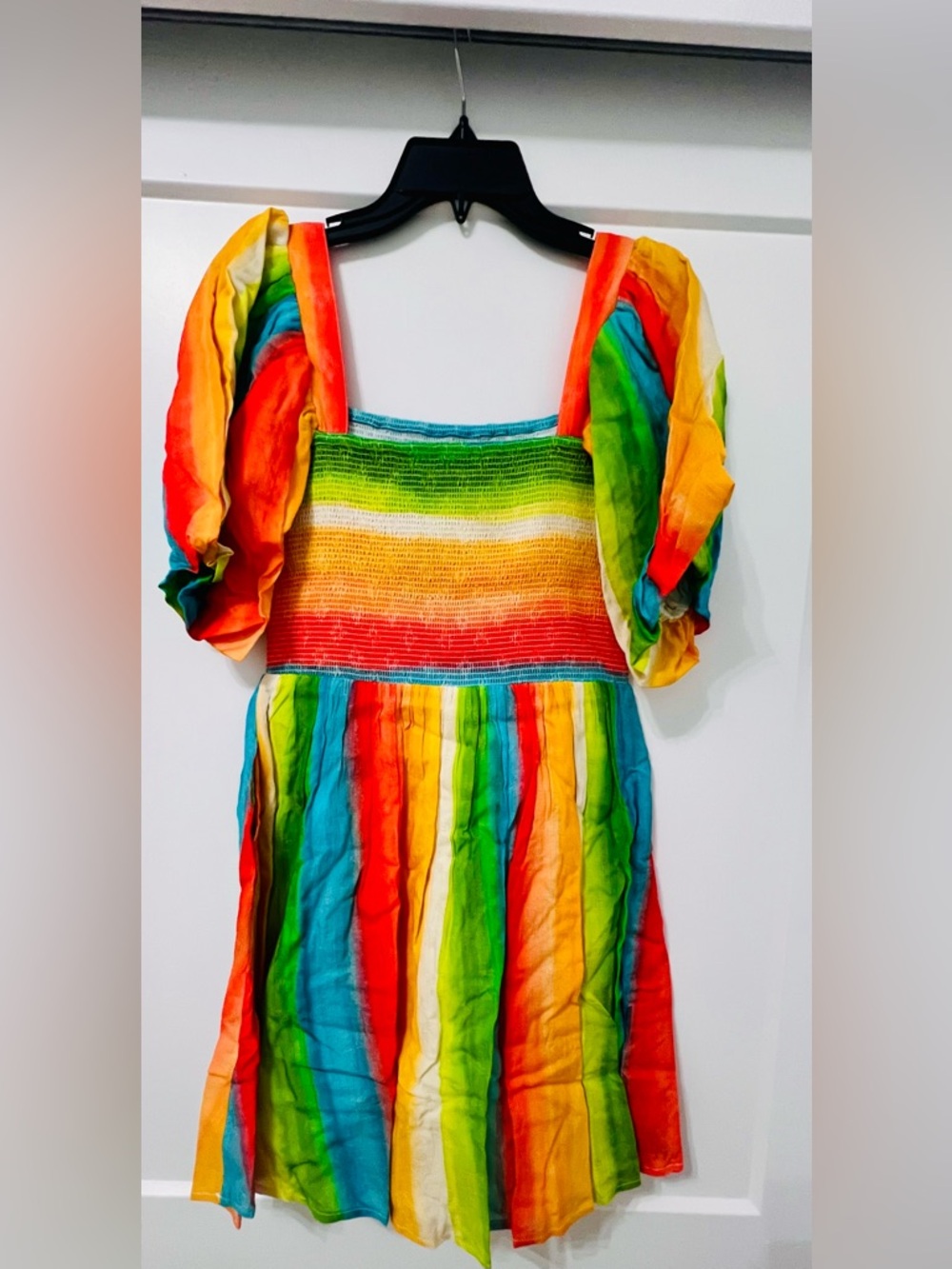 AMUR Campbell Rainbow Striped Smocked Mini Dress NWT Size 2 Puff Sleeve - Picture 2 of 11